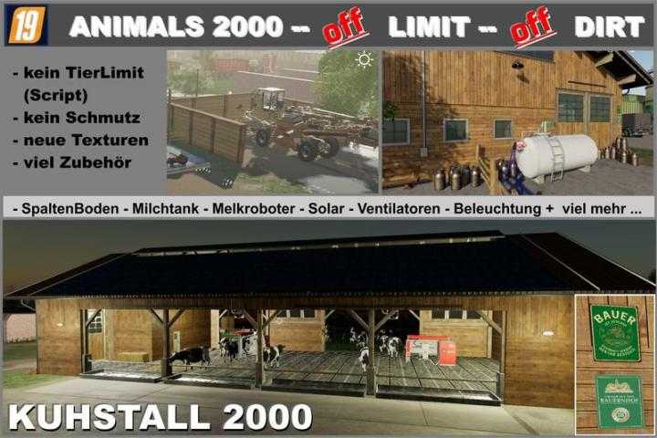 FS19 – Cowshed 2000 Without Animal Limit + No Pollution + Accessories V1.3