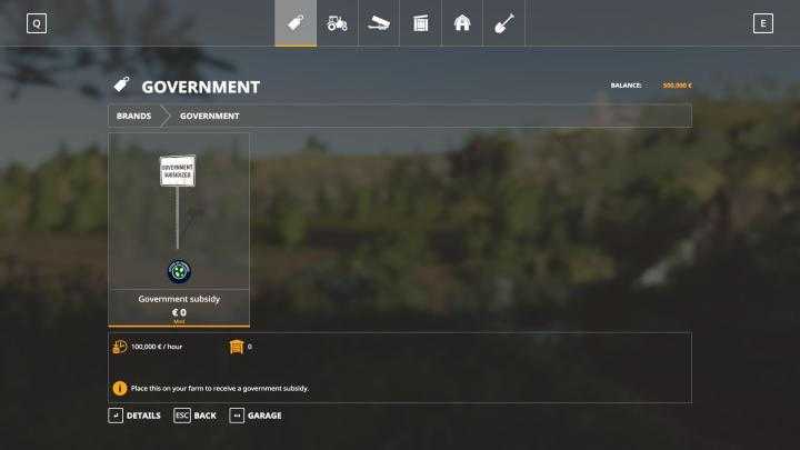 FS19 – Government Subsitity V1.0.1